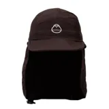 Sombrero marrón con protección para el cuello, logo de Sun Bum bordado en blanco y correa ajustable.