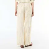 Pantalón palazzo de corte ancho, color amarillo con rayas finas verticales azules, confeccionado en mezcla de lino con cintura elástica.