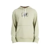 Buzo con capucha color verde claro, con cordones blancos y logo de New Balance estampado en el pecho.