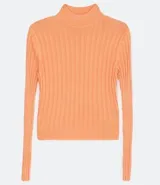 Polera color camel de punto acanalado, con cuello alto y mangas largas.