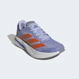 Championes de running Adidas Duramo Speed 2, color lila con detalles en naranja y blanco.