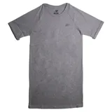Vestido tipo remera New Balance, color gris melange, con mangas cortas tipo raglán y logo de la marca bordado en el pecho.
