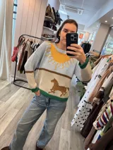 Sweater de punto 100% algodón, con diseño multicolor que incluye un sol bordado en el pecho, un paisaje en la parte inferior con un caballo, y detalles en verde en los puños y el cuello.