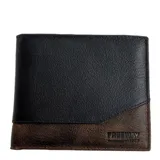 Billetera de cuero negra y marrón con logo Freeway estampado en la parte inferior.