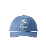 Gorra Rip Curl azul con cordón blanco decorativo sobre la visera, y estampa frontal blanca con diseño de palmeras y texto.