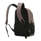 Mochila de lona jaspeada color gris y negro, con bolsillo lateral de red, correas acolchadas ajustables, interior con repartición para notebook y bolsillo frontal con cierre.