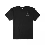 Remera negra de algodón con estampado en el pecho de una araña colgando de una telaraña y el texto "BONES" en letras góticas.