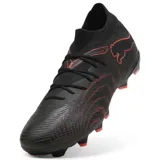 Championes de fútbol Puma Future 9 Match FG/AG, color negro con detalles en rojo/naranja. Presentan un diseño texturizado en el cuerpo y cuello tejido tipo calcetín.