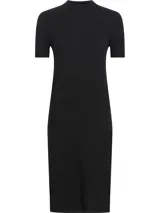 Vestido midi negro de lana merino, con cuello alto y mangas cortas.