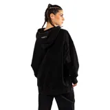 Canguro negro con capucha, cordones ajustables y bolsillo tipo canguro. Tiene un logo bordado en el pecho y un efecto stone wash que le da un aspecto desgastado.