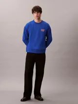Buzo de felpa azul con cuello redondo, manga larga y corte regular. Presenta puños y dobladillo acanalados, con el logo y bordado 'Very' de Calvin Klein en el pecho.