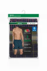 Pack de tres boxers de tela tipo woven de la marca Fruit of the Loom. Presentan diseños a cuadros en tonos azul, verde y amarillo, con cintura elástica y corte holgado.