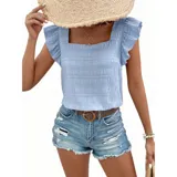Blusa de color amarillo con textura fruncida, cuello cuadrado y mangas cortas con volados.