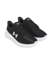 Championes de running Under Armour modelo Phade RN 3, color negro con entresuela blanca. Presentan parte superior de malla transpirable con logo de la marca en el lateral y suela de goma con amortiguación de EVA.