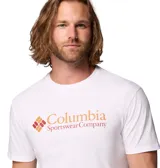 Remera de algodón blanca de manga corta con cuello redondo y ajuste regular. Presenta el logo de la marca estampado en el pecho en tonos naranja y amarillo.