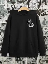 Canguro negro con capucha y bolsillo delantero, estampado con vinilo textil con diseño de círculos con texto en japonés.