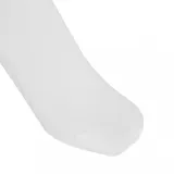 Pack de tres pares de medias Adidas de caña media, color blanco con tres rayas negras horizontales en el puño y logo del trébol bordado en negro.