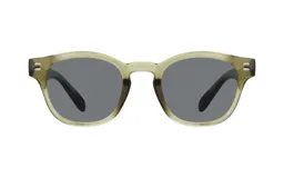 Lentes de sol con montura redonda color verde oliva y lentes grises.