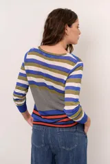 Cardigan de punto a rayas horizontales en tonos azul, blanco, gris, amarillo y rojo, con escote en V, cierre frontal de botones y bolsillos appliqués.