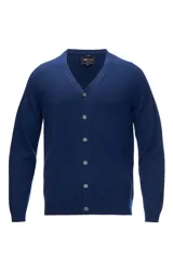 Cárdigan clásico azul marino de cashmere 100% natural, con cuello en V y cierre frontal con botones.
