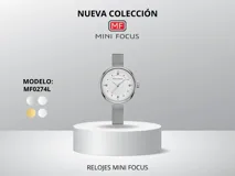 Reloj de pulsera Mini Focus modelo MF0274L para mujer, con caja plateada, dial blanco y correa de malla metálica plateada. Resistente al agua hasta 30 metros.