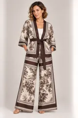 Kimono de seda liviano con estampa estilo toile de Jouy en tonos marrones y beige, con detalles de guardas geométricas, mangas tres cuartos anchas, bolsillos laterales y lazo para ajustar en la cintura.