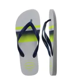 Chancletas Havaianas color gris con tiras azul marino y diseño gráfico de franjas en verde lima y azul.