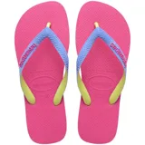 Ojotas Havaianas modelo Top Mix, con base rosada, tiras en color lila y detalles en amarillo. Presentan textura antideslizante y logo de la marca en relieve sobre las tiras.