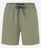 Bermuda de baño color beige, con cintura elástica y cordón de ajuste negro. Presenta un pequeño parche gomoso en el ruedo y bolsillos laterales.