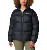 Campera tipo puffer Columbia para mujer, color negro, con cierre frontal completo, cuello alto con protector de mentón, bolsillos laterales con cierre y puños elásticos. Cuenta con aislamiento térmico sintético y tejido exterior impermeable.