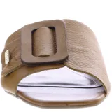 Zuecos de cuero color tostado con diseño de punta cuadrada y hebilla decorativa grande en el empeine. Cuenta con una pequeña placa metálica con el logo de la marca en el lateral.