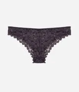 Bombacha modelo bikini confeccionada íntegramente en encaje floral color verde oliva, con detalle de pequeña medalla metálica en la parte frontal y forro de algodón.