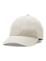 Gorra de béisbol de perfil bajo con panel frontal sin estructura, confeccionada en tejido de sarga de algodón. Presenta visera precurvada, cierre posterior con correa ajustable y el logotipo UA bordado en el frente.
