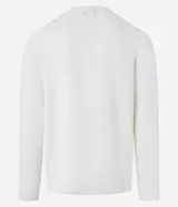 Suéter de punto para hombre, color celeste, con textura acanalada horizontal, cuello redondo y mangas largas con puños ajustados.