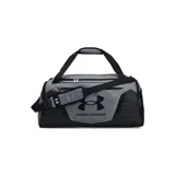 Bolso deportivo Under Armour Undeniable 5.0, diseñado con un compartimento principal espacioso, bolsillos organizadores con cierre y correas ajustables. Presenta un diseño bicolor en gris jaspeado y negro con el logo de la marca estampado en el frente.