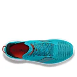 Championes Saucony Kinvara 14 color celeste con detalles en naranja y suela blanca.