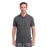 Polo de manga corta color gris, con cuello clásico, cierre frontal de tres botones y bolsillo frontal en el pecho.