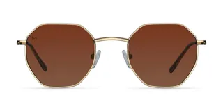 Lentes de sol con armazón octogonal dorado de acero inoxidable y lentes marrones polarizadas.