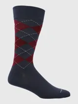 Media de largo medio con diseño de rombos en tonos azul marino y bordó, con puño suave y elástico.