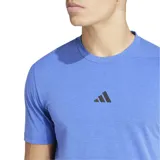 Remera de training Adidas color celeste con logo negro en el pecho y cuello con la inscripción "Training" repetida.
