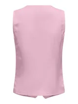 Chaleco sastrero color rosado, con cuello en V, cierre frontal con botones, bolsillos delanteros y corte entallado. Confeccionado en tejido plano de viscosa y lino.