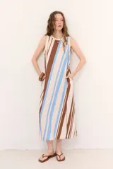 Vestido midi de punto sin mangas, con escote redondo y diseño de rayas verticales en tonos crudo, rosado y marrón oscuro.