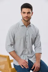 Camisa de lino rayada de manga larga, con cuello camisero, cierre frontal de botones y bordado sutil en el pecho.