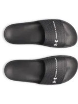Chancletas Under Armour modelo Armr Slide Lite, color negro con textura en la tira superior y logo blanco de la marca. Diseñadas en EVA moldeada para mayor comodidad y tracción en superficies mojadas.