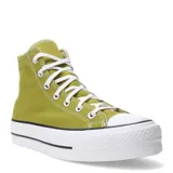 Championes de caña alta Converse modelo Chuck Taylor All Star Lift, color verde oliva con suela de plataforma blanca. Presentan cordones blancos, puntera de goma y diseño clásico de lona.