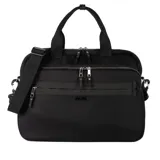 Maletín negro de poliéster con doble asa de mano y correa bandolera regulable. Tiene cierre doble, tres bolsillos externos con cierre, un bolsillo interno con cierre y dos bolsillos internos abiertos.