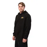 Canguro negro con capucha, bolsillo delantero y logo de La Isla Elements estampado en el pecho. Corte clásico.
