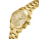 Reloj analógico Guess modelo Parker con caja y malla de acero inoxidable en tono dorado. Presenta una esfera color champagne de 44 mm con subesferas multifunción y números arábigos destacados.