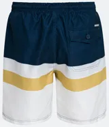 Bermuda de baño para hombre con diseño de rayas horizontales en azul marino, blanco y amarillo. Cuenta con cintura elástica con cordón ajustable y dos bolsillos laterales.