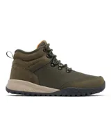 Bota de senderismo Columbia Fairbanks Mid, color verde oliva con detalles en beige y negro. Confeccionada con parte superior textil impermeable, cuello y talón de gamuza, puntera reforzada, entresuela acolchada TechLite y suela de caucho Omni-Grip para mayor tracción.